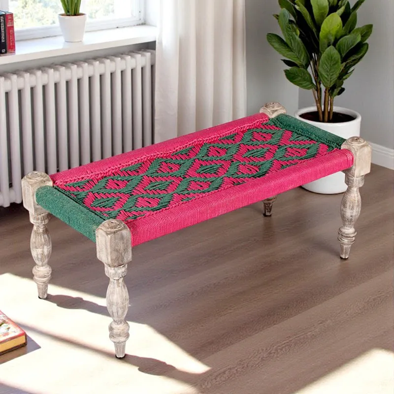 Foxen Sheesham Wooden Bench - Green,Pink media 1