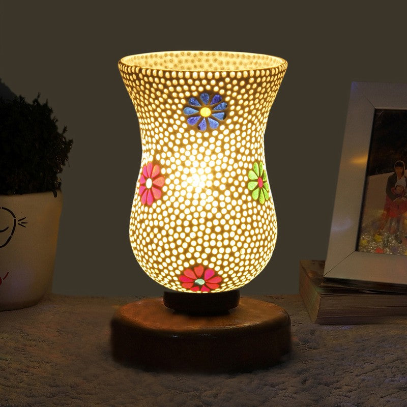 Trevia Mosaic Glass Table Lamp With Wooden Base - Multicolor