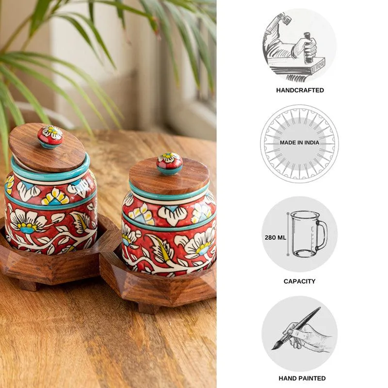 Rang-E-Gul Handpainted Ceramic Multi-Utility Jar With Tray (440 mL Each) - Four Piece Set media 6