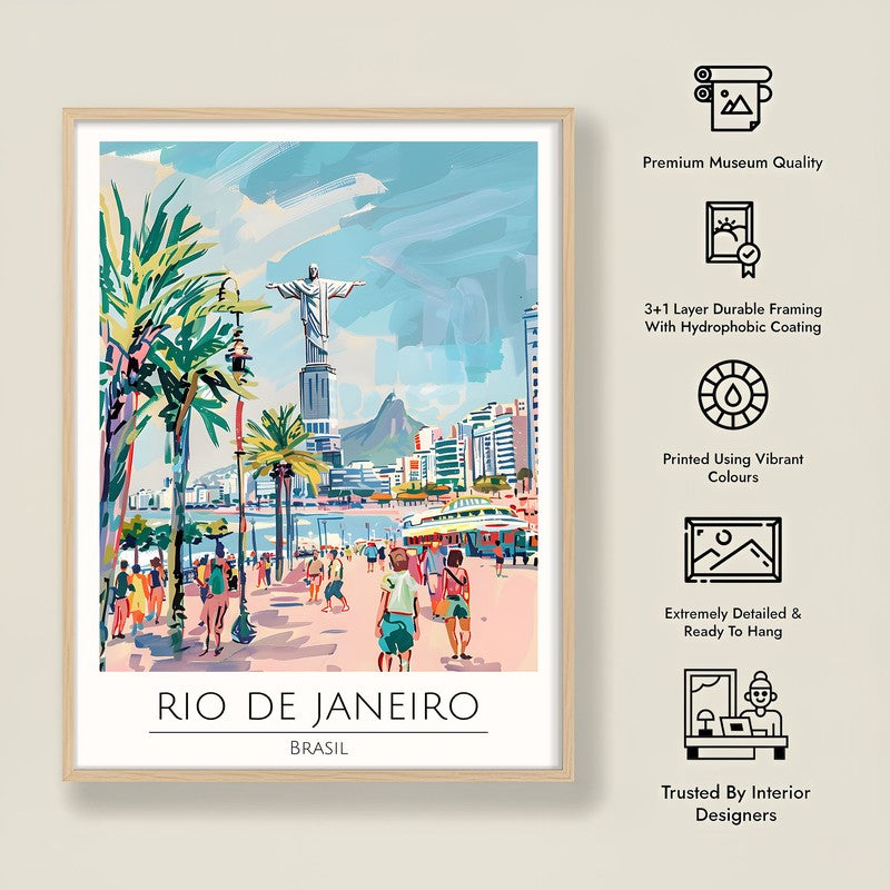 Vintage Rio De Janeiro Framed Canvas Archival Canvas Wall Painting - Natural Brown Frame media 8
