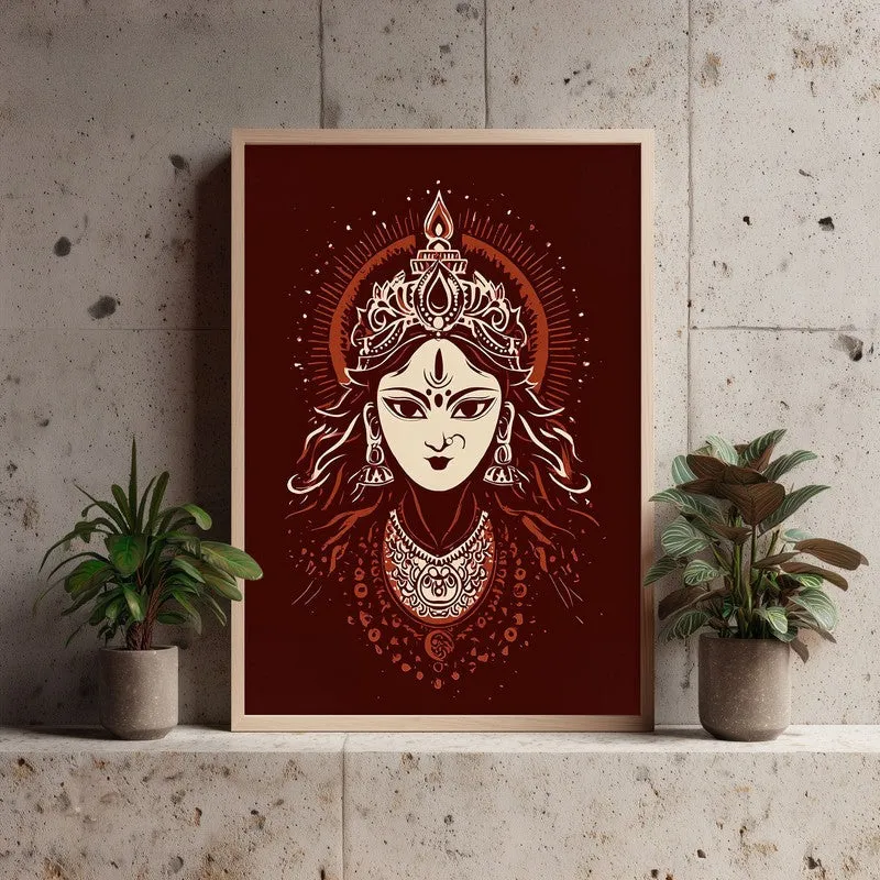 Divine Power Maa Durga Archival Paper Wall Art - Natural Brown Frame media 3