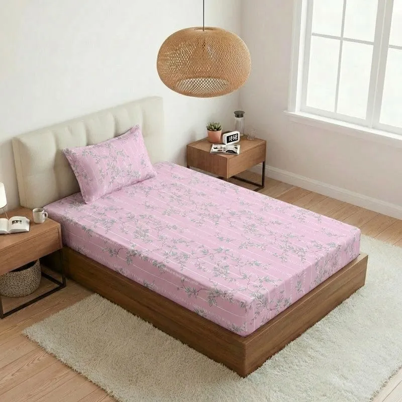 Grassy Flora Printed Cotton Bedsheet (Pink) - 200 TC media 1