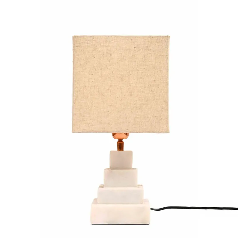 Pyramid Hand Crafted Marble Fabric Table Lamp - Beige,White media 5