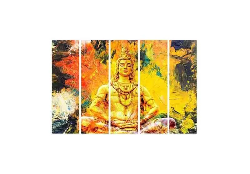 Straight-on view of a five-panel yellow and orange spiritual wall art set