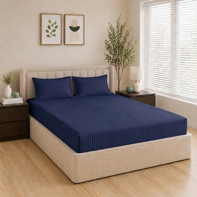 StripeScape Glace Cotton Fitted Bedsheet (Navy) - 130 GSM - 3