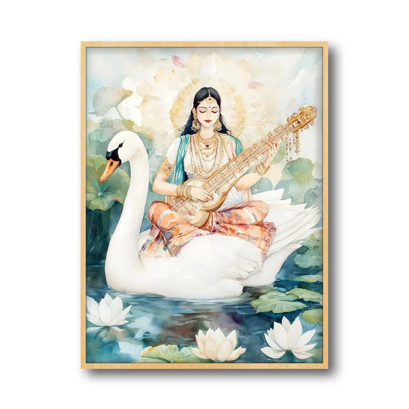 Vijnana Saraswati Spiritual Archival Paper Wall Painting - Natural Brown Frame media 5