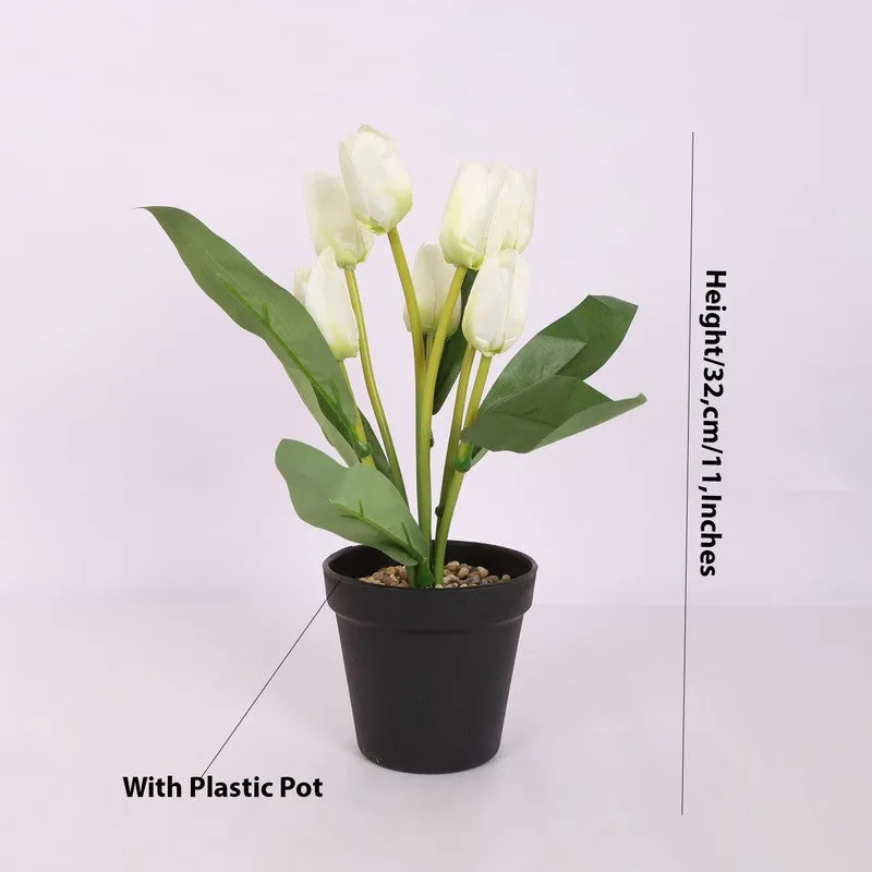 Artificial Tulip Flower Plant With Black Plastic Pot - White media 6