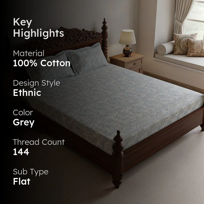 Irava Floral Cotton Bedsheet (Blue,Grey) - 144 TC media 2