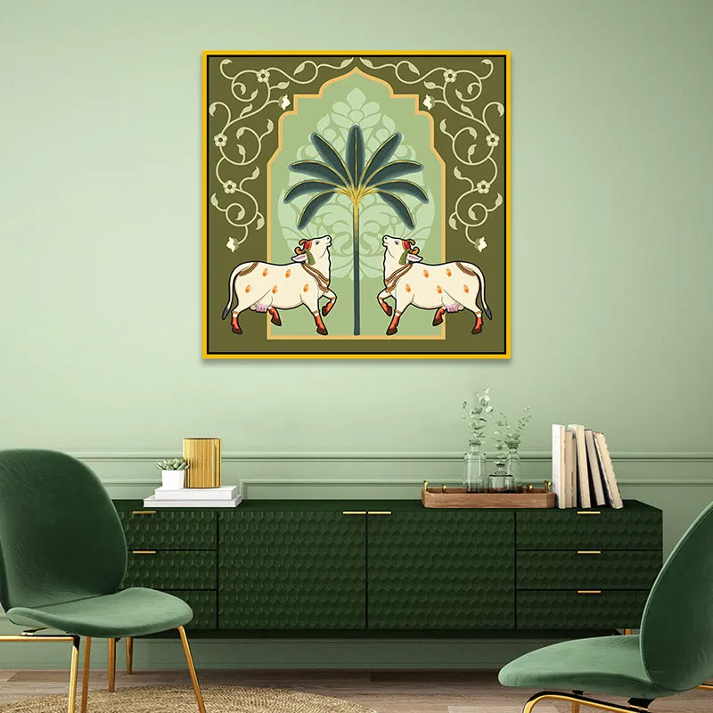 Under The Palm Canvas Wall Painting With Frame - Gold media 1
