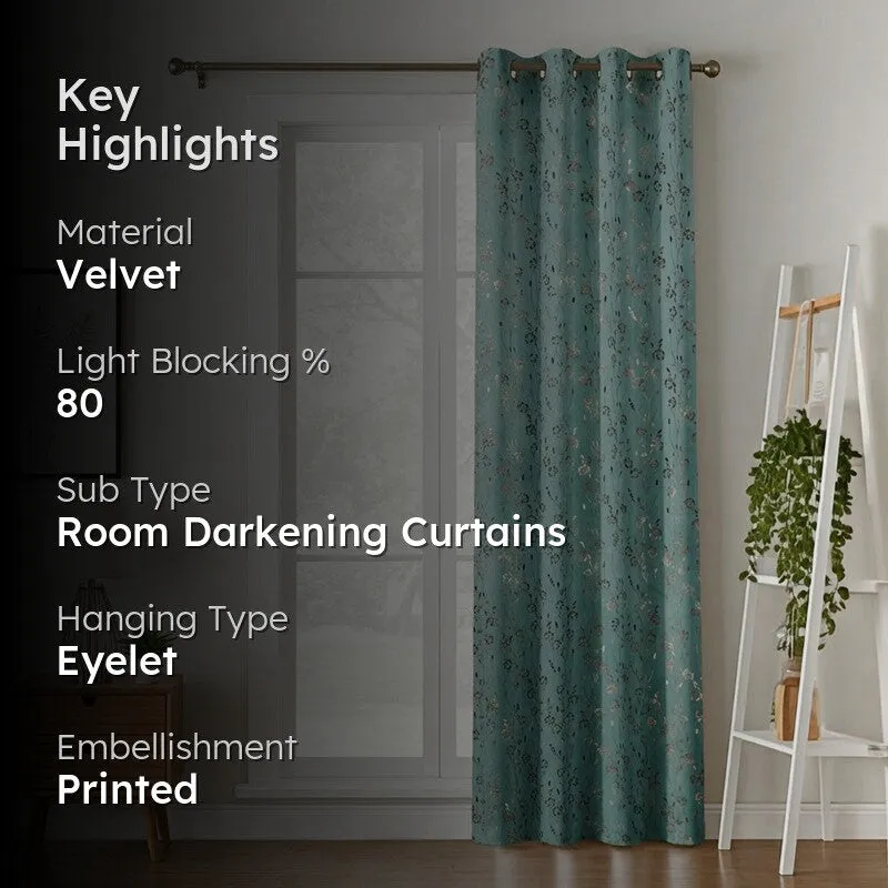 Glow Touch Printed Velvet Curtain - Sage Green,Gold media 2