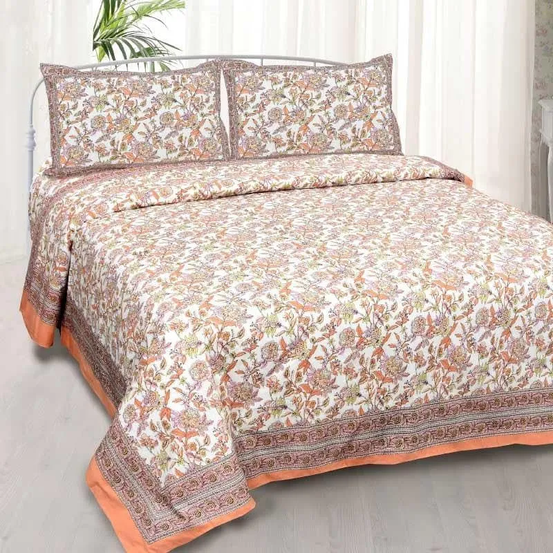 Miksha Floral Cotton Bedsheet (Peach) - 210 TC media 1