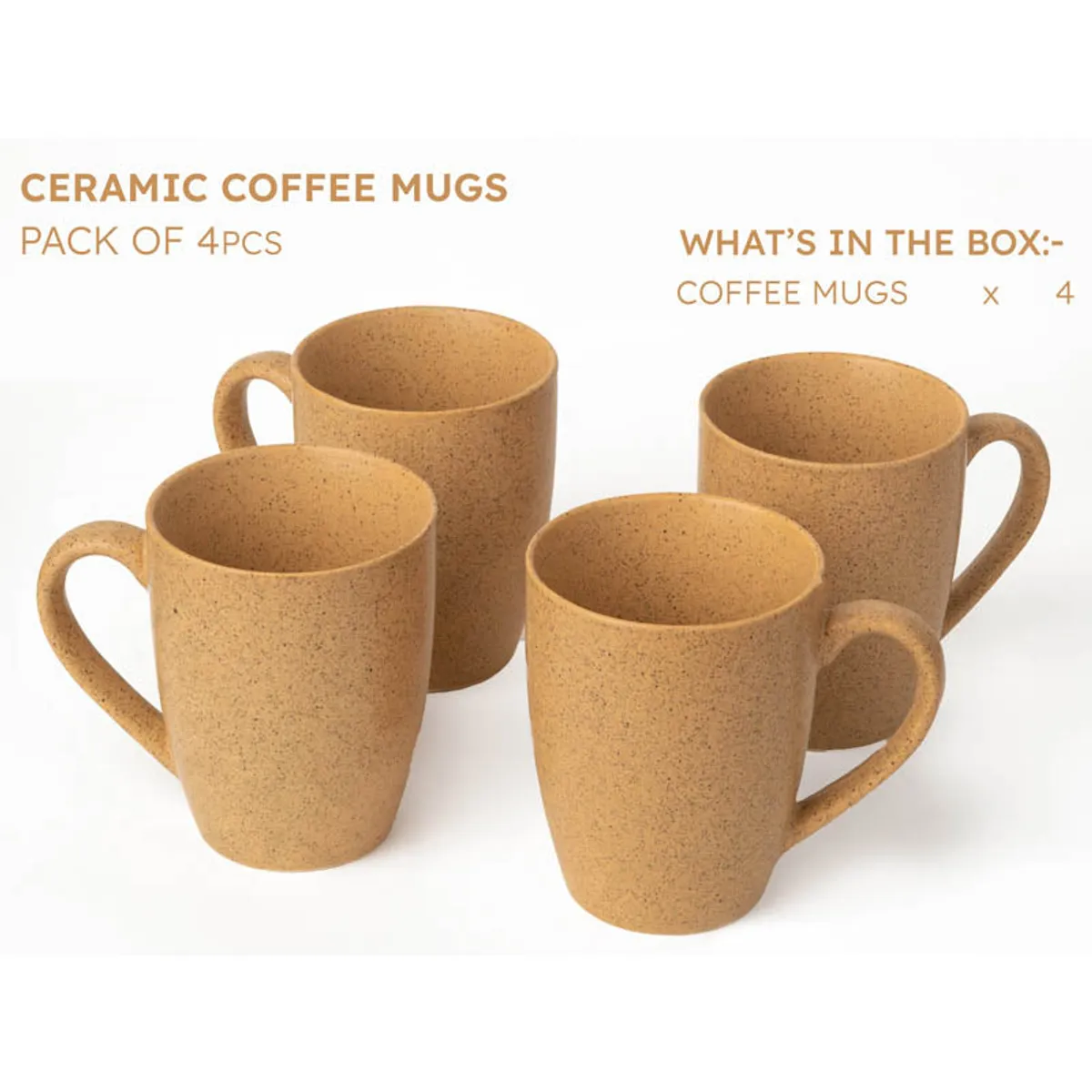 Four mustard-yellow speckled ceramic coffee mugs arranged together