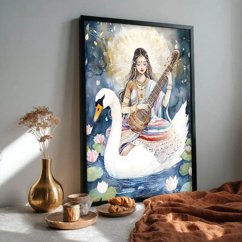 Vidya Swarupini Spiritual Archival Paper Wall Painting With Frame - Black media 4