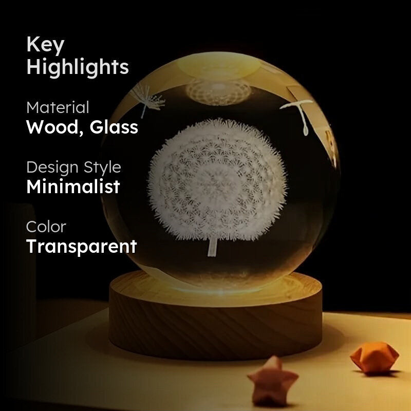 Crystal Dandelion Wooden & Glass Moon LED Table Lamp - Transparent media 2