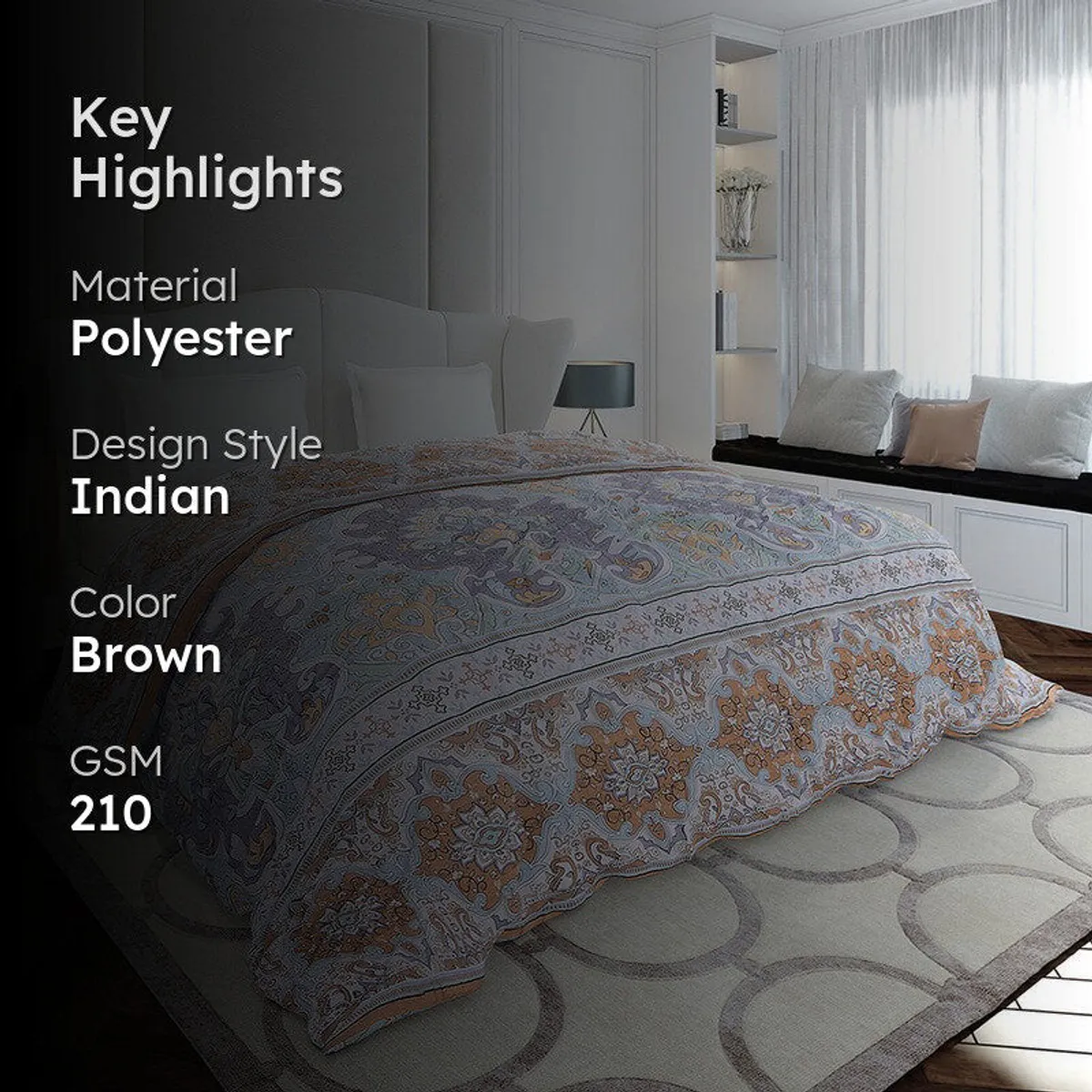Bedroom scene showing the patterned duvet cover with brown and pastel accents