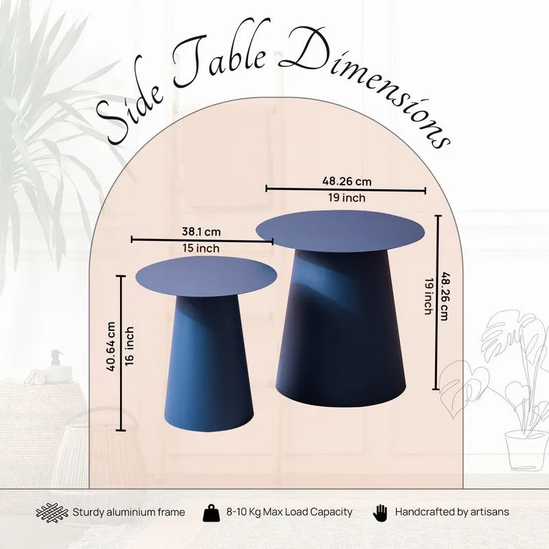 Two blue side tables with dimension graphic overlay