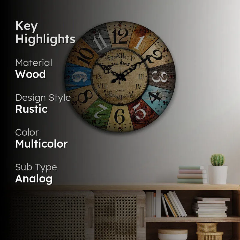 Multicolour rustic analog wall clock styled above a console unit