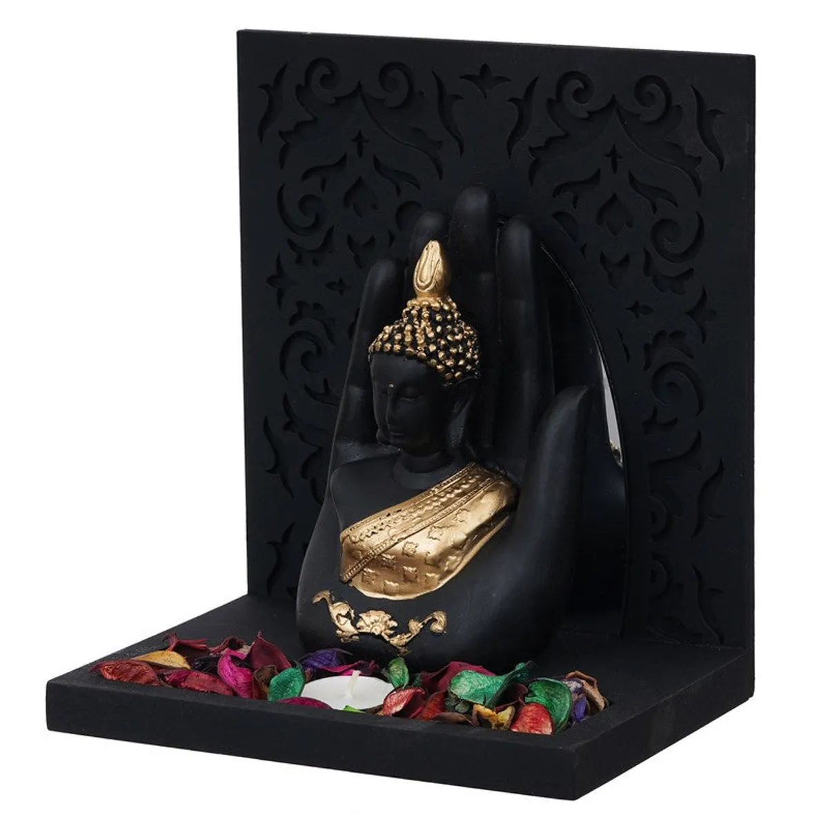 Side angle of Buddha tea light holder with black frame and gold detail
