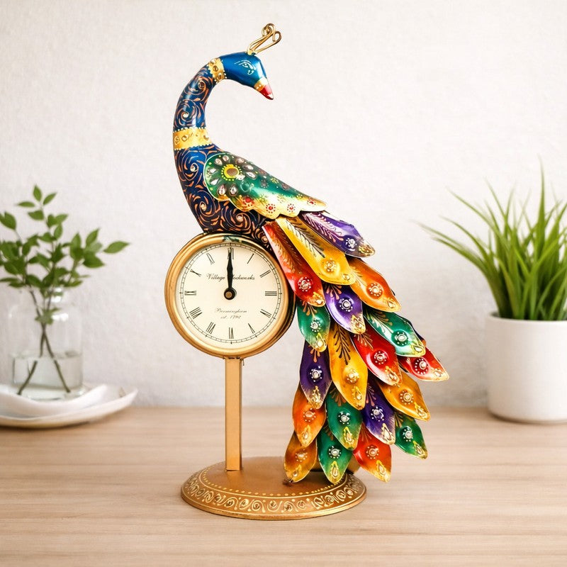 Multicolor Peacock Iron Table Clock