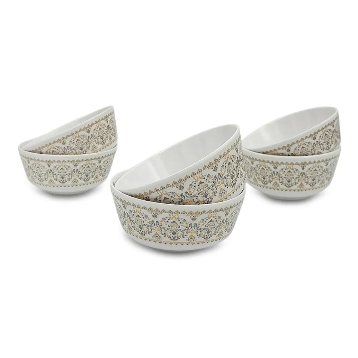 Six matching white snack bowls arranged in a stepped display