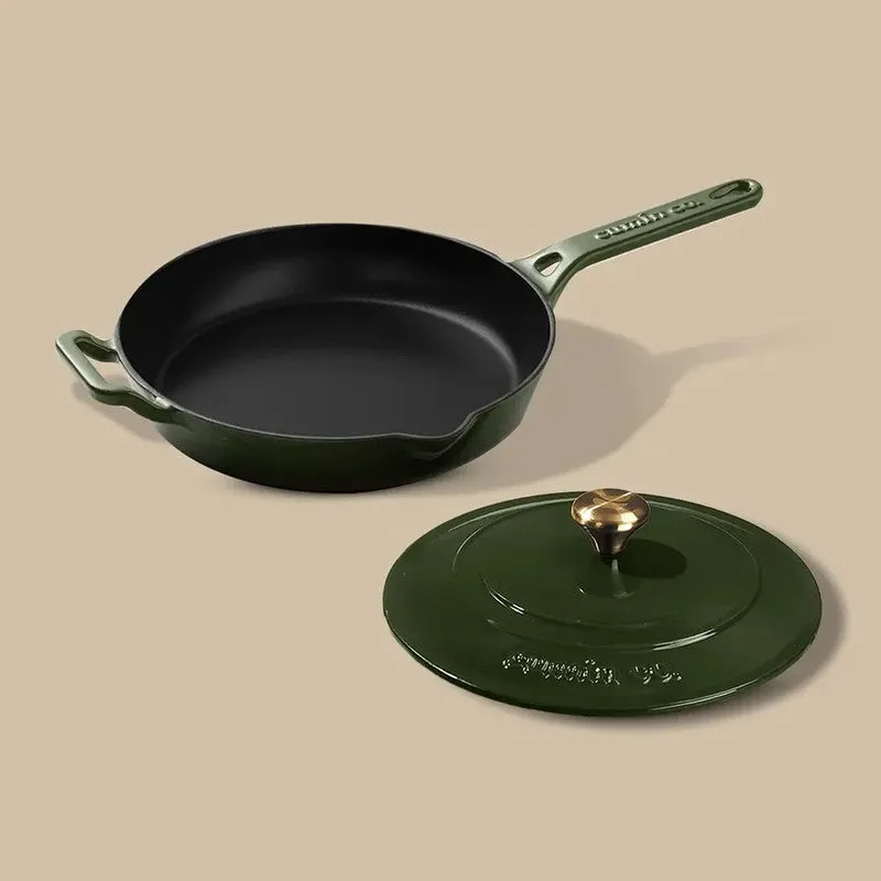 Green frying pan and matching iron lid shown separately