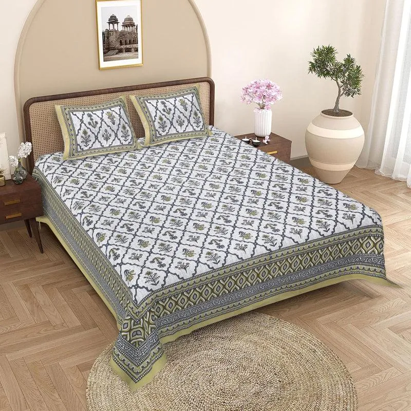Adhira Ethnic Cotton Bedsheet (Green,White) - 180 TC media 1