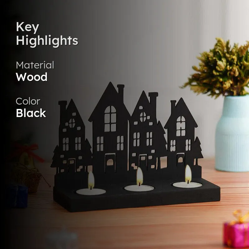 Holiday Village Wood Christmas Tea Light holder - Black media 2