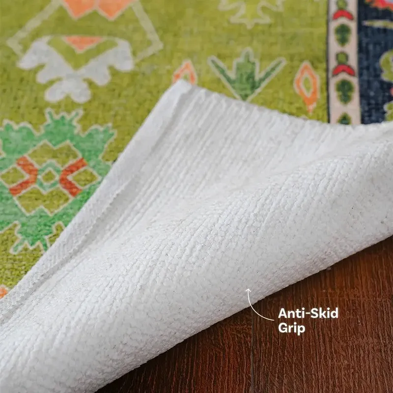 Underside of the carpet showing white anti-skid backing