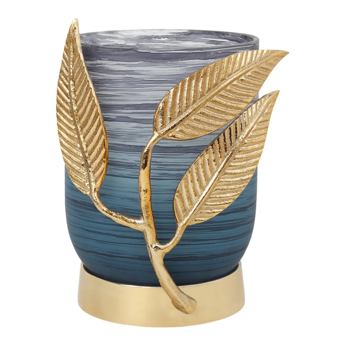 Close view of blue textured vase with gold leaf branch detail