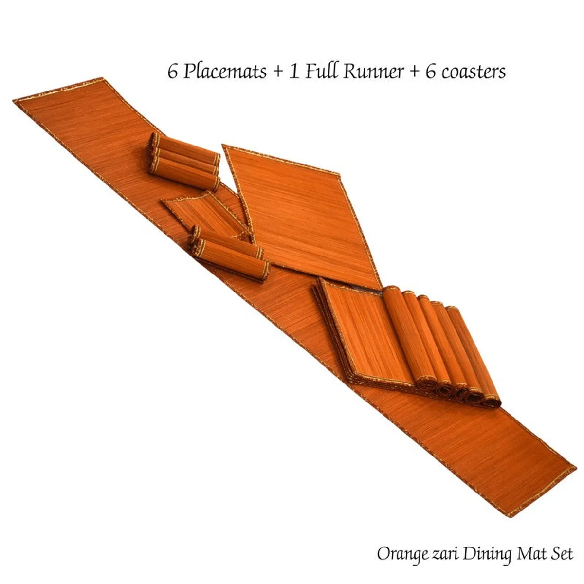 Orange table runner, placemats and coasters displayed together