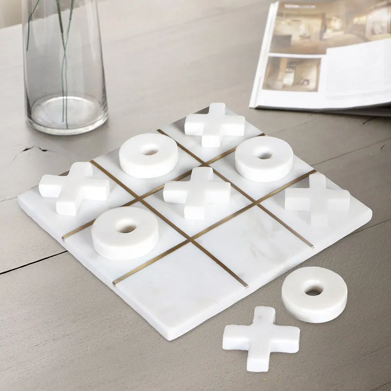Equis Marble & Brass Tic Tac Toe Game - White media 1