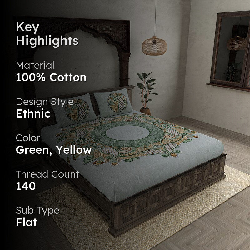 Padmini Pride Ethnic Cotton Bedsheet (Green) - 140 TC media 2