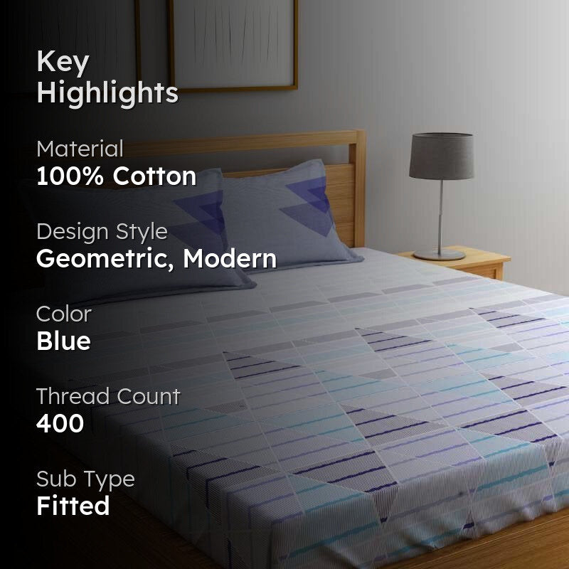 Trio Frenzy Fitted Cotton Bedsheet (Blue) - 400 TC media 2