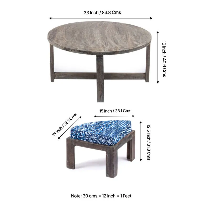 Jervon Sheesham Wooden Center Table with Stools and Cushions (Grey,Blue) - Nine Piece Set media 10
