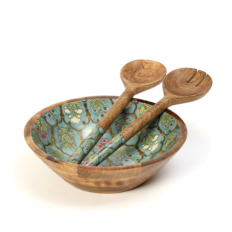 Fleur Jharokha Enamel Coated Mango Wood Salad Bowl With Cutlery (900 mL) - Three Piece Set media 4