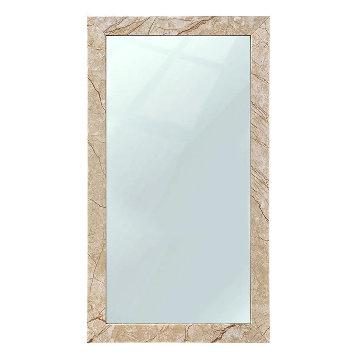 Front view of a rectangular beige marble-finish wall mirror