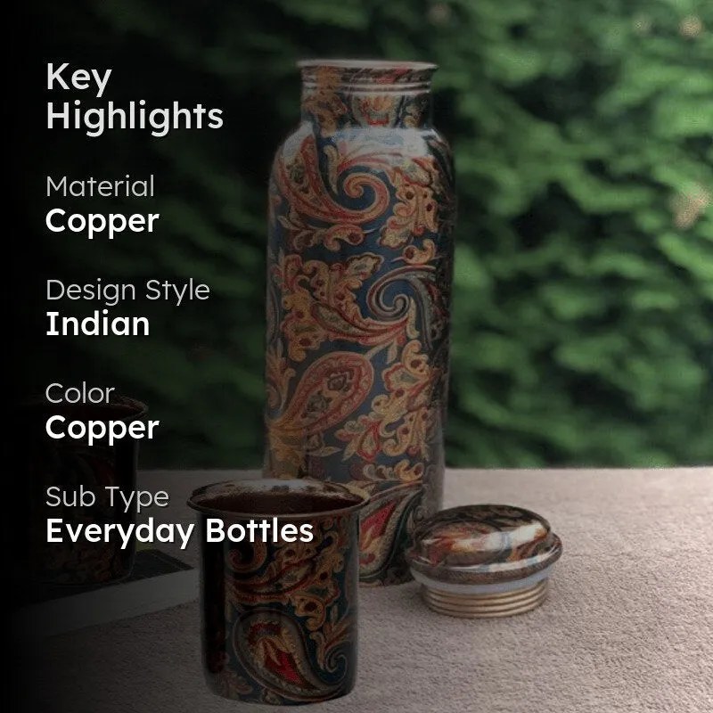 Maaya Ethnic Copper Water Bottle With Glasses (1000 mL/150 mL) - Three Piece Set media 2