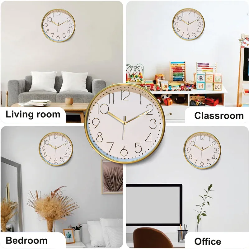 Gold and white wall clock shown in living room, bedroom, office and classroom settings