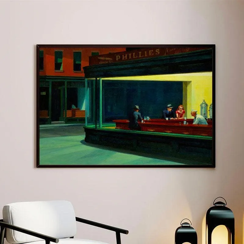 Nighthawks Canvas Painting By Edward Hopper - Black Frame media 1