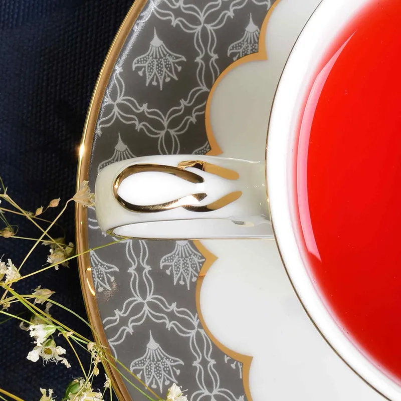 Gilded Legacy 24k Gold Brushed Porcelain Tea Cup & Saucer (Grey/ 300 mL) - Set of Six media 7