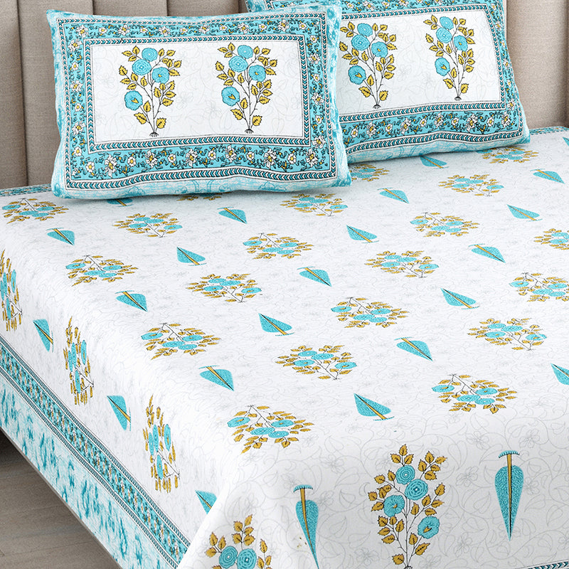 Floral Garden Cotton Bedsheet (Blue) - 144 TC media 3