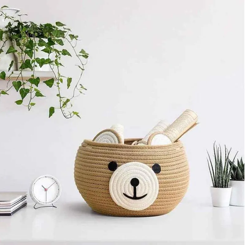 Happy Bear Multipurpose Cotton Storage Basket- Beige media 3