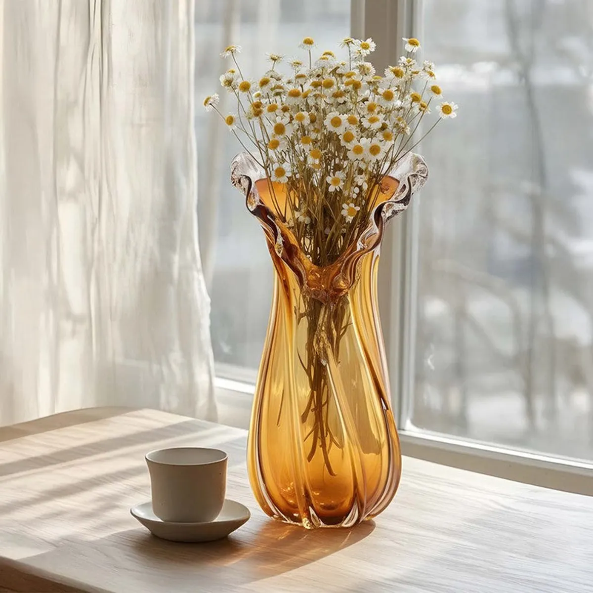 Gold glass vase with white flowers by a sunlit window beside a cup