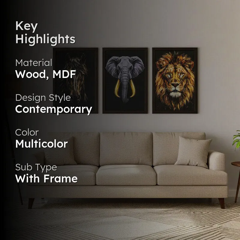 Majestic Wildlife Portrait Wall Painting With Frame - Set Of Three media 2
