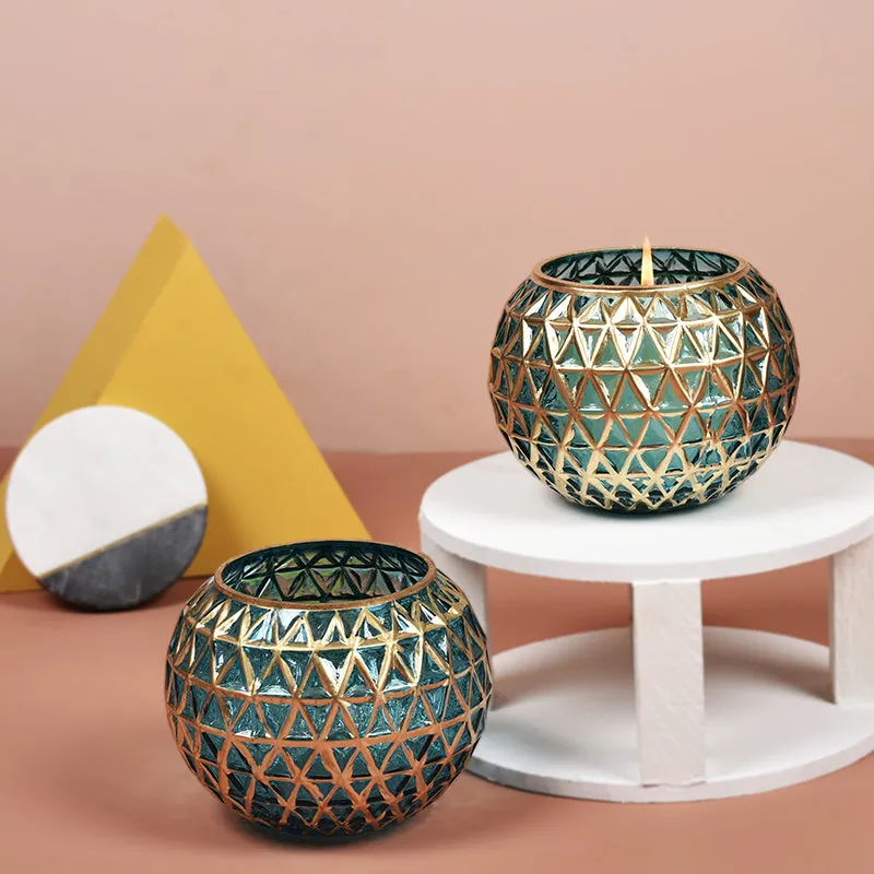 Foiled Sphere Candle Holder (Gold,Blue) - Set Of Two media 1