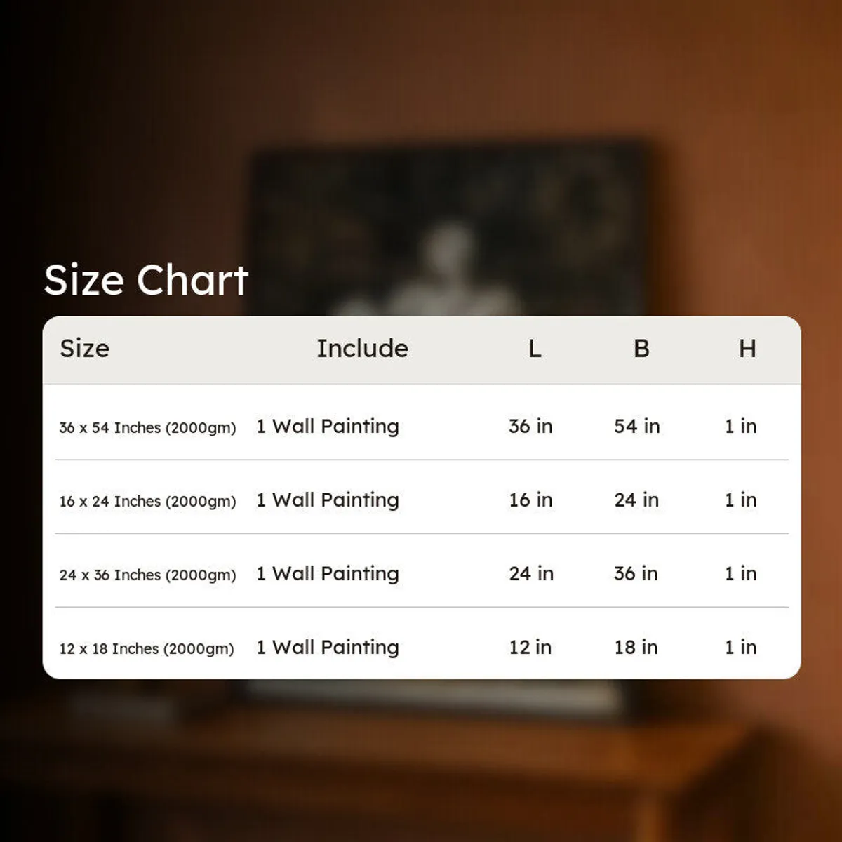 Blurred room setting with a size chart overlay beside framed wall art