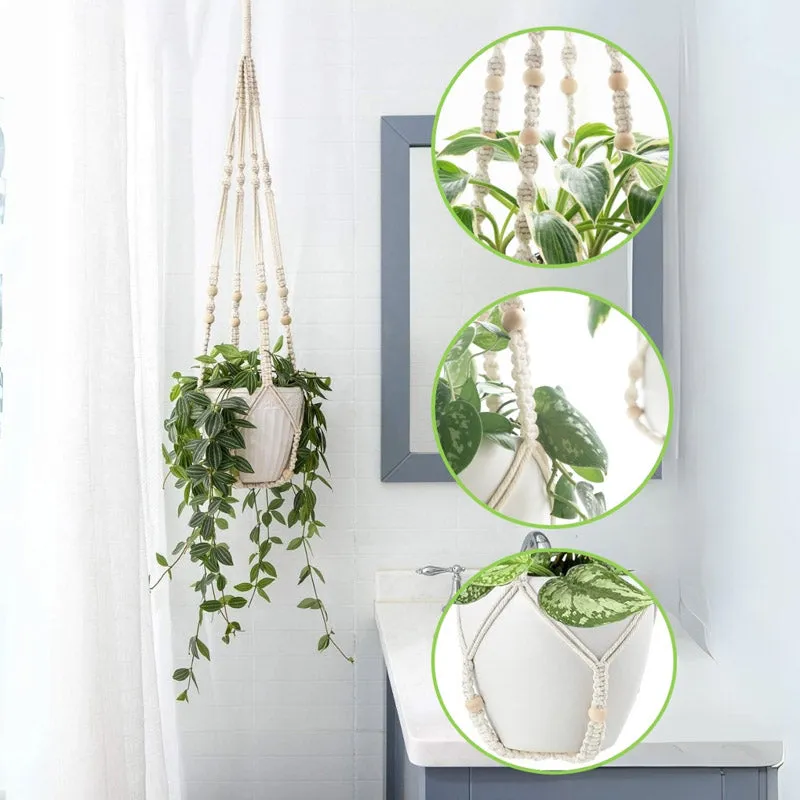 White macramé plant hanger holding a trailing plant in a bright room