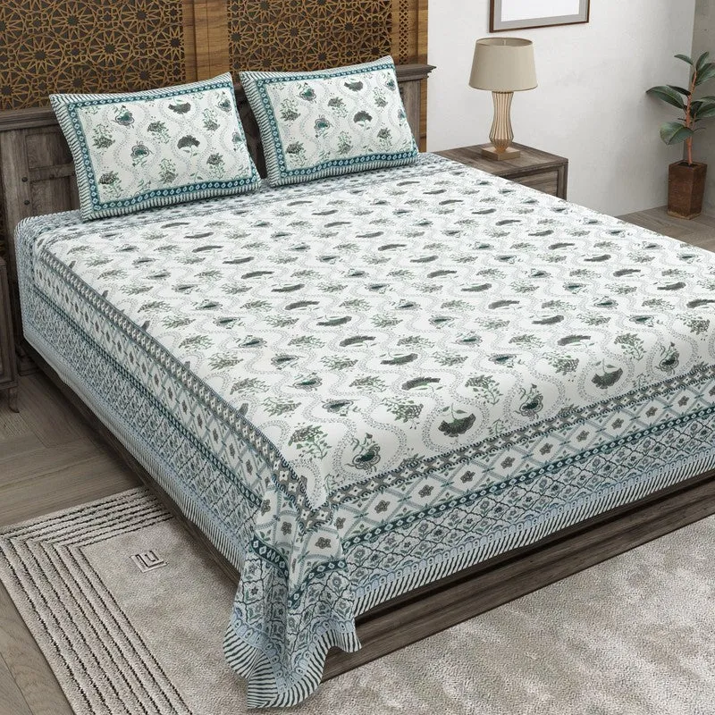 Blossomza Cotton Bedsheet (White,Blue) - 240 TC media 1