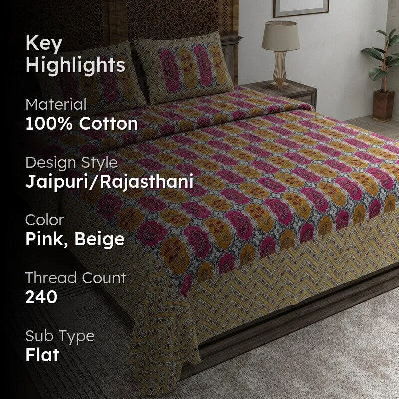 Floraum Cotton Bedsheet (Pink,Beige) - 240 TC media 2