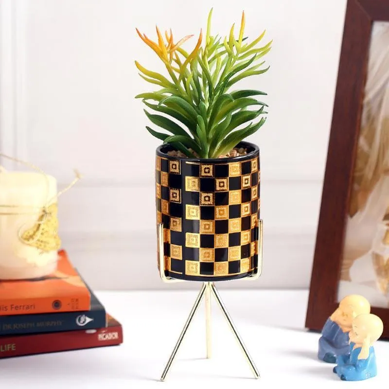 Faux Euphorbia In Checkered Pot With Tripod - 29.5 cms media 1